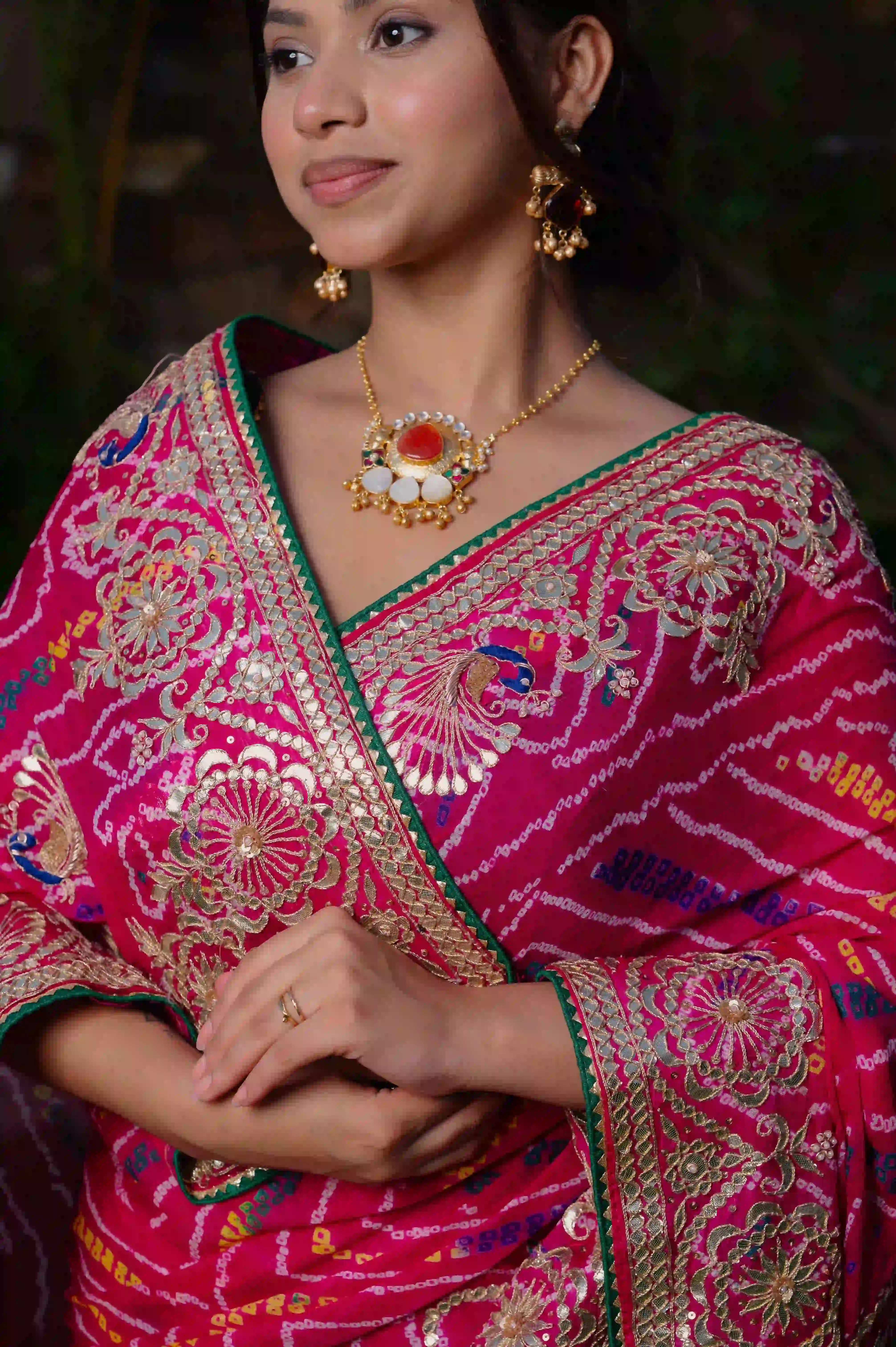 Handcrafted Bandhej Saree in Pure Ojariya Crepe with Gotta Patti & Kundan Work