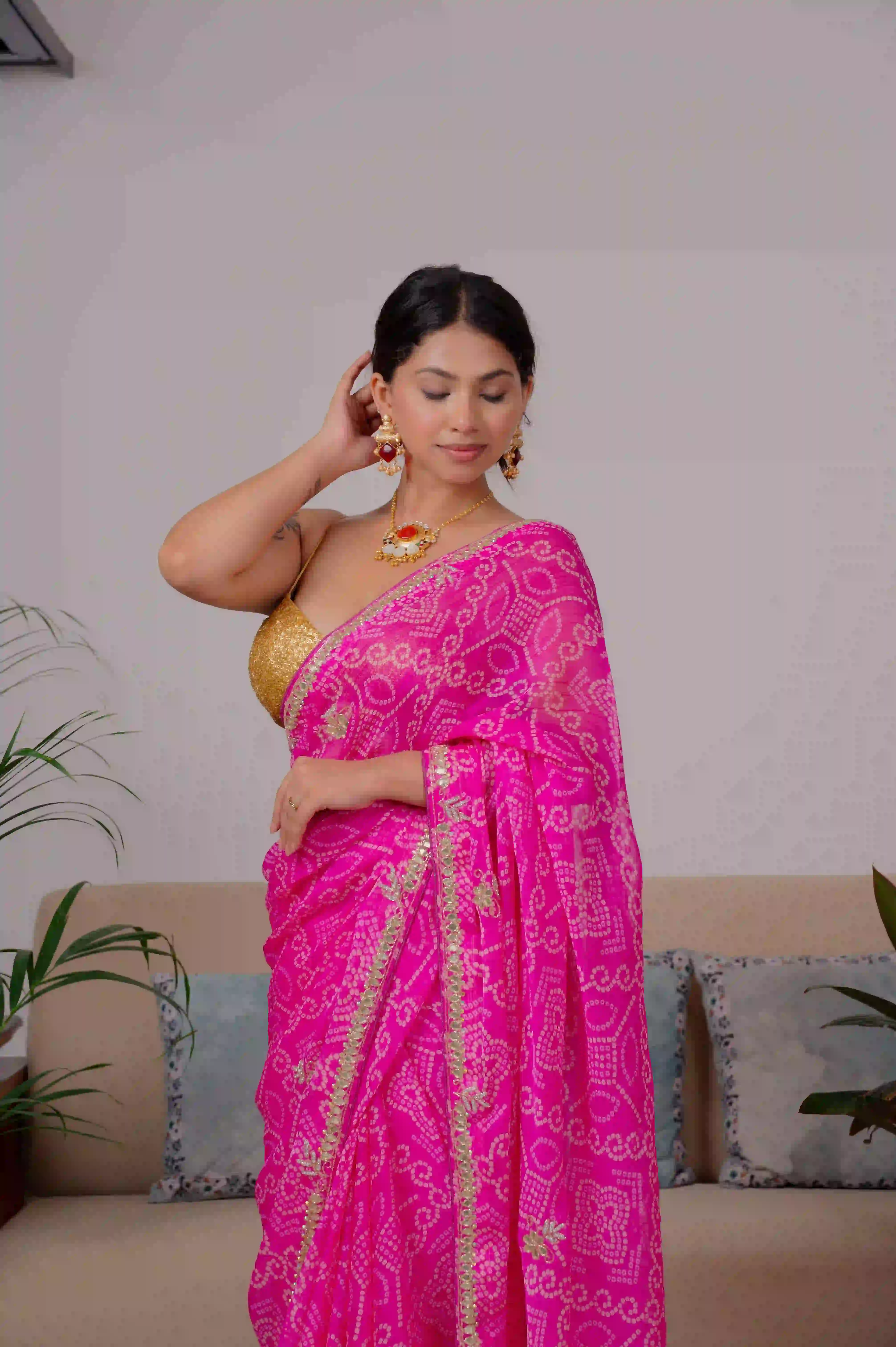 Georgette Bandhani Saree with Kundan Patti Work