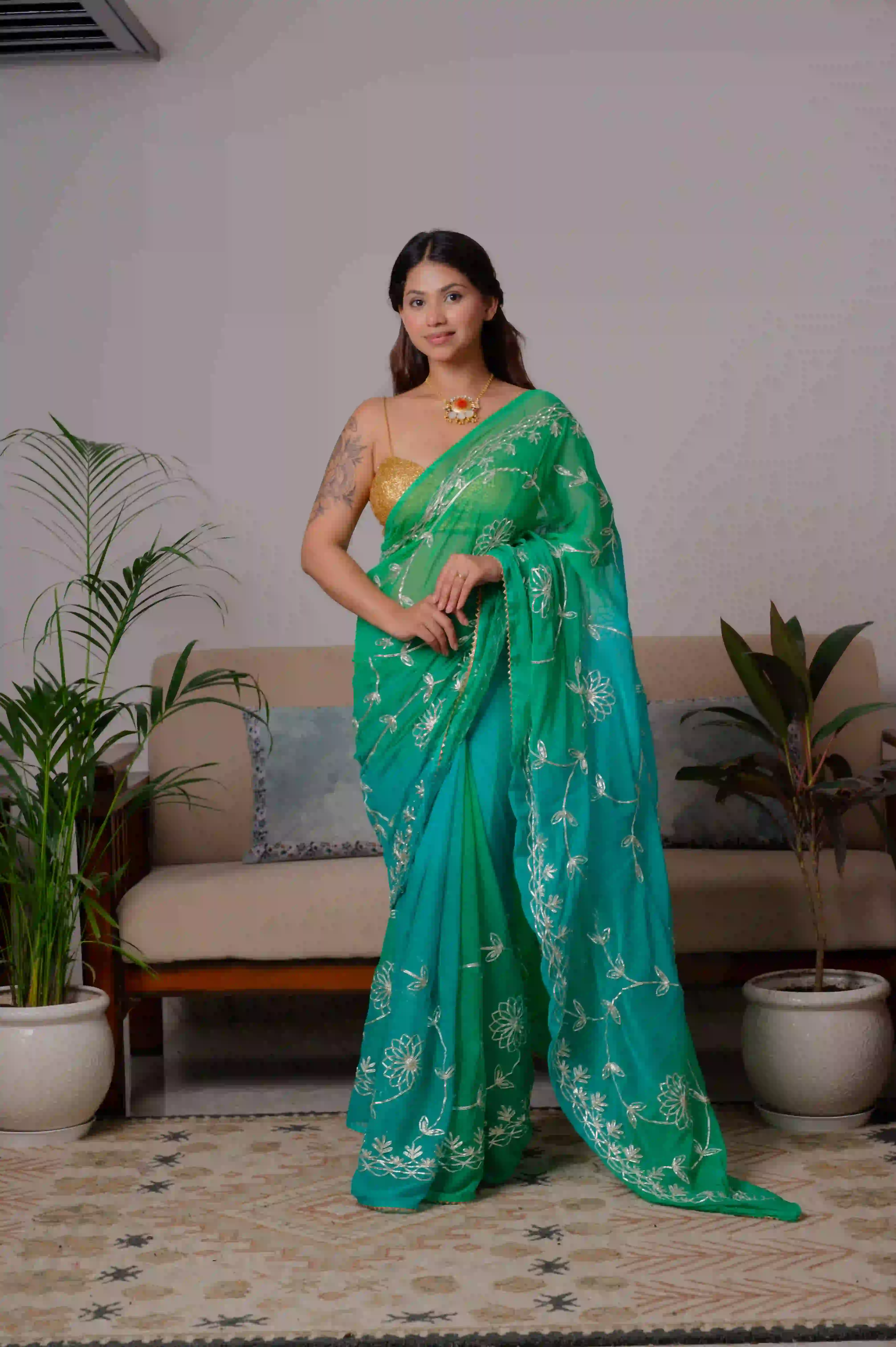 Handcrafted Chinnon Chiffon Saree with Kaccha Gota Work