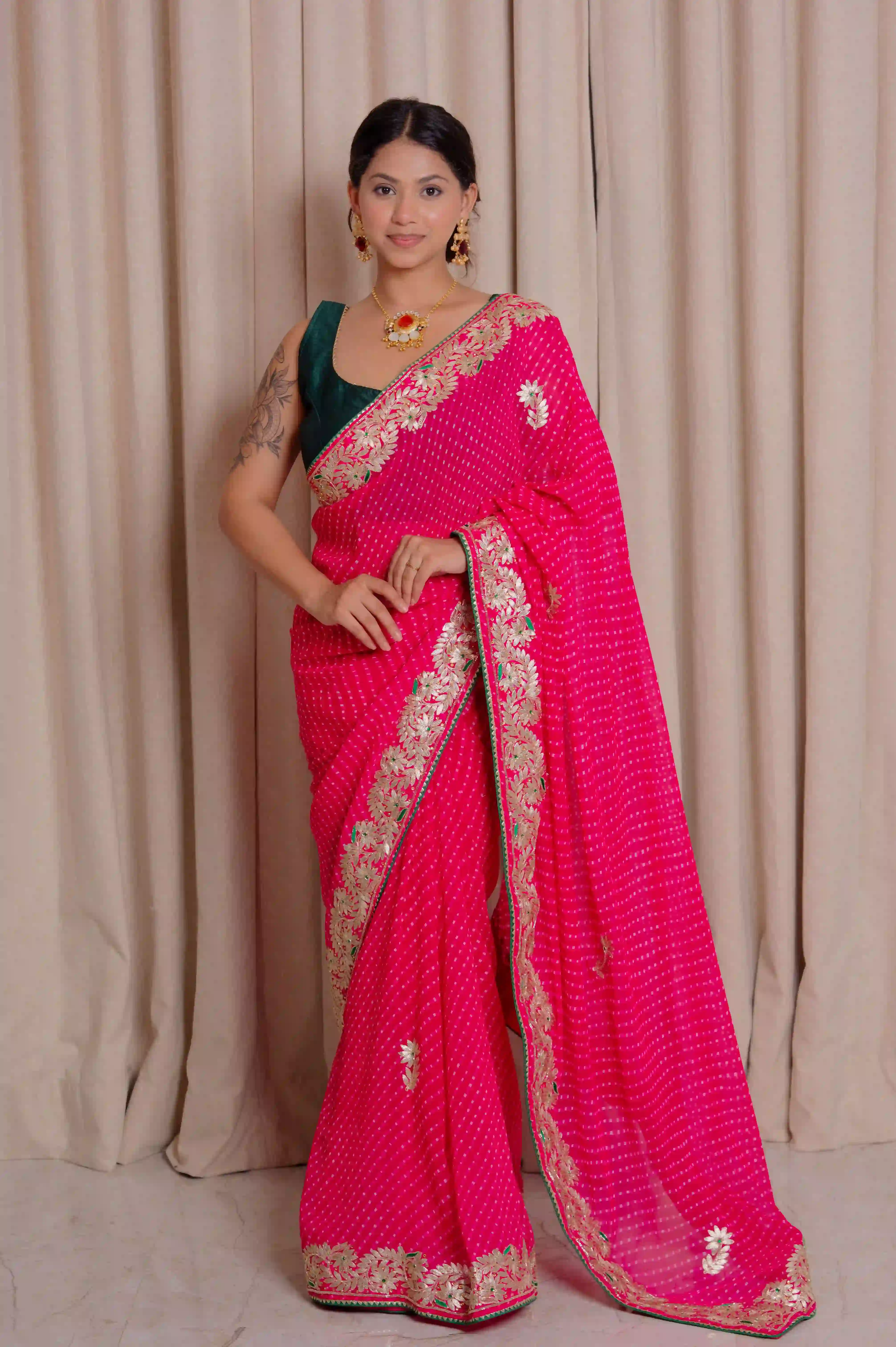 Chiffon Lehariya Saree with Kundan Patti Work | Elegant Designer Lehariya Saree