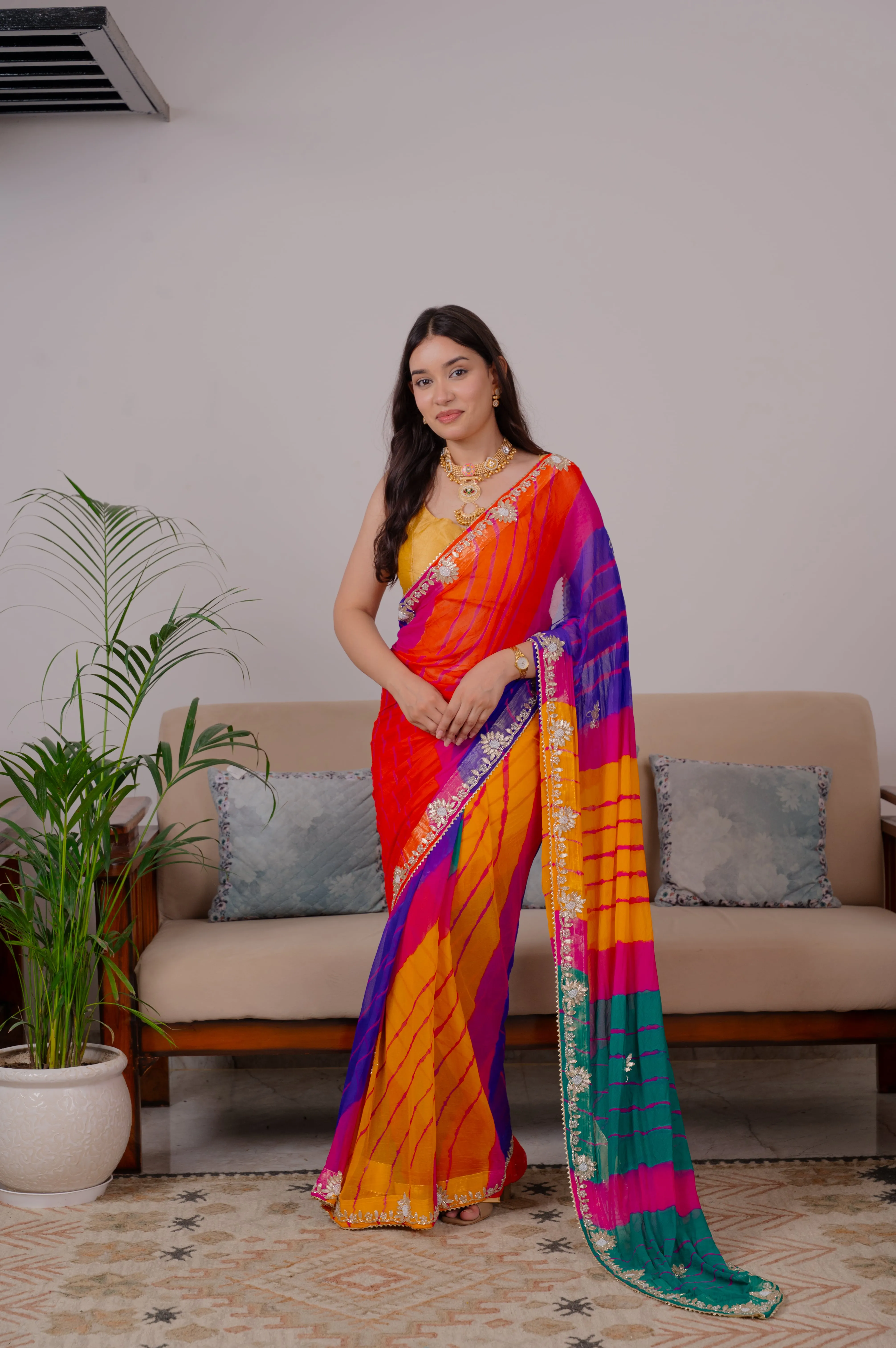 Chiffon Lehariya Saree with Zardosi Kundan and Moti Handwork