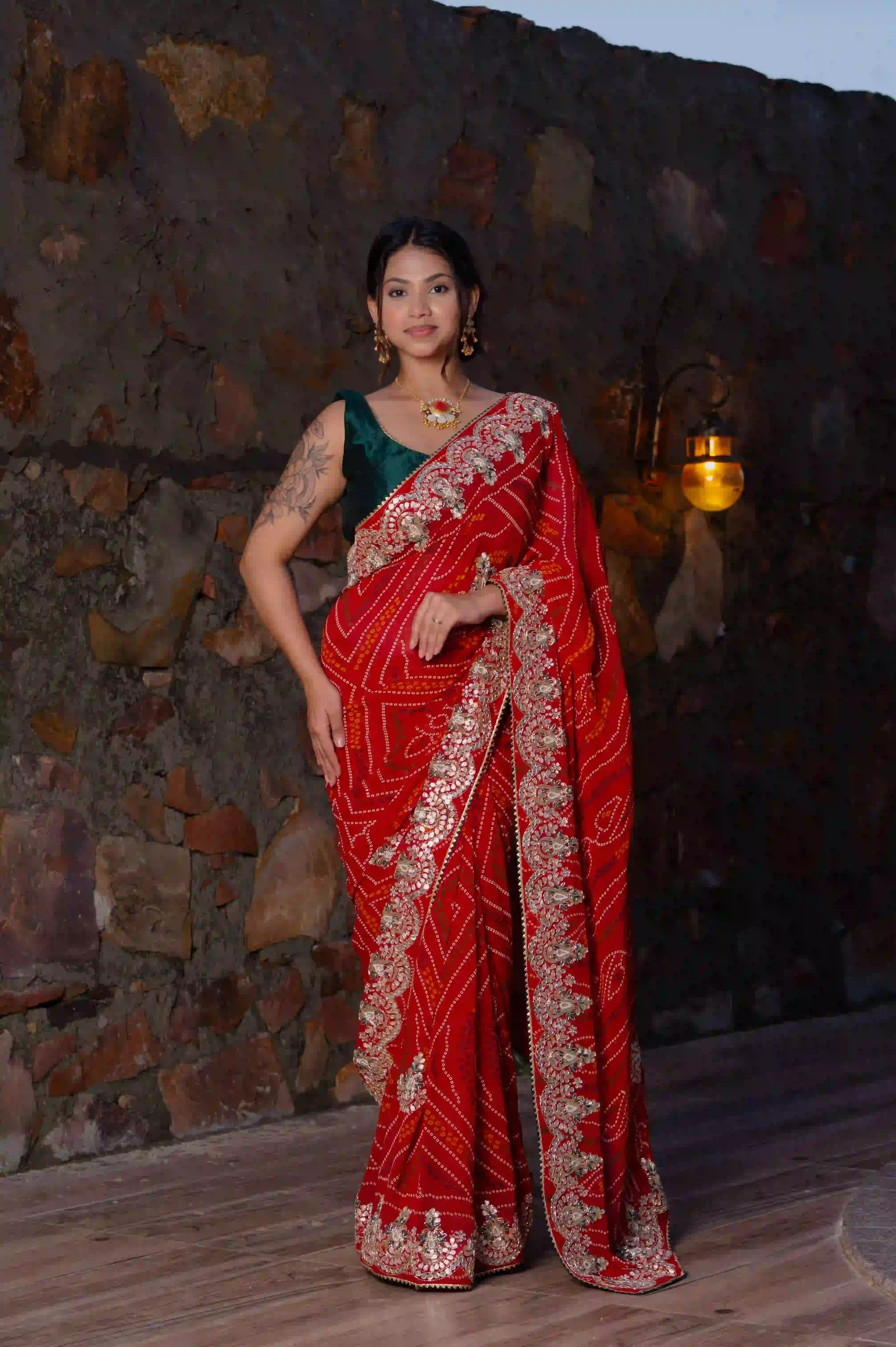 Georgette Chunri Saree with Handcrafted Zardosi Kundan Patti Work