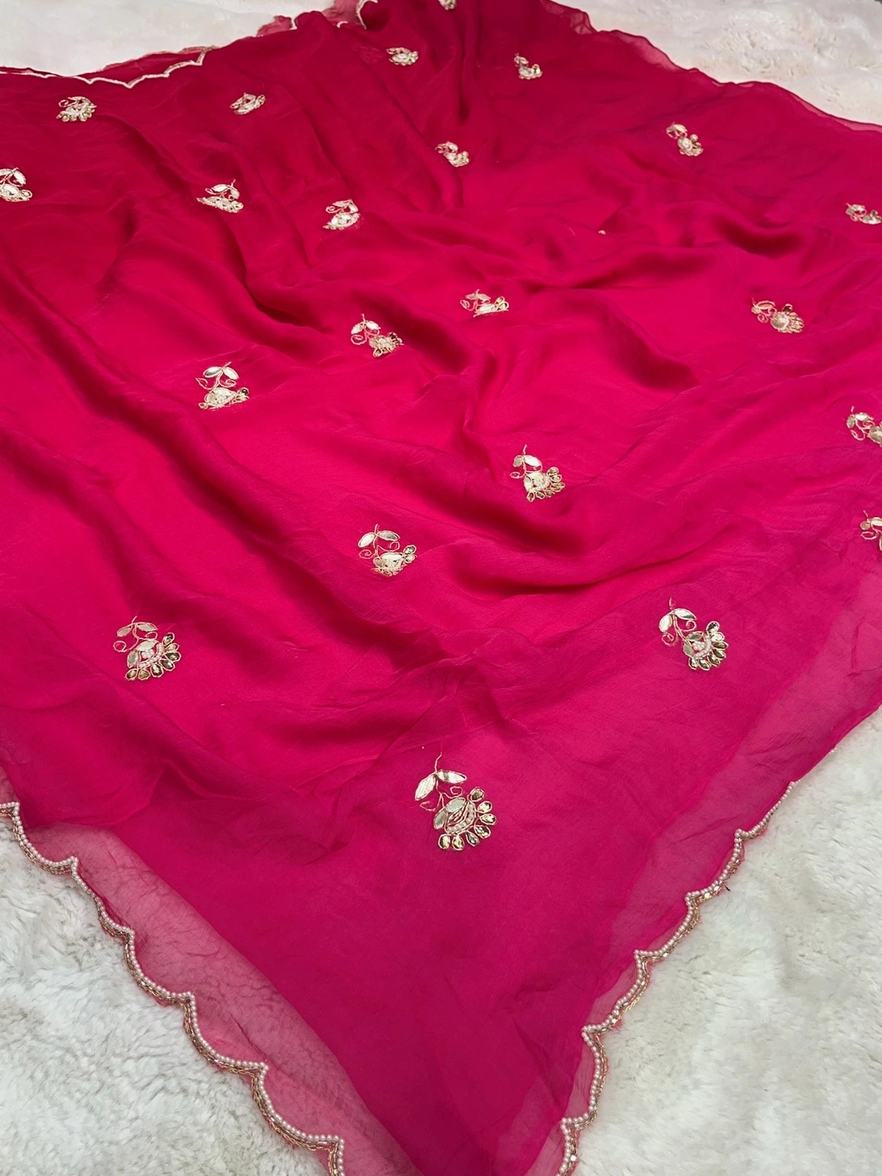 Pure Chiffon Fabric Designer Saree with Kundan Patti Buti Work